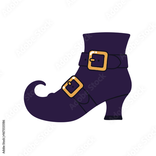 A whimsical and cute witch's shoe featuring a decorative buckle and a sharply pointed toe is presented as a clean 2D flat vector illustration, isolated on a pure white background.