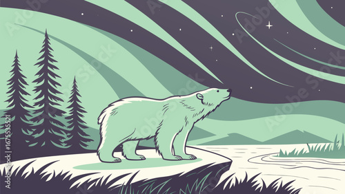 Serene Polar Bear Gazing at the Aurora Borealis:  Vintage Style Illustration, Peaceful Arctic Landscape.