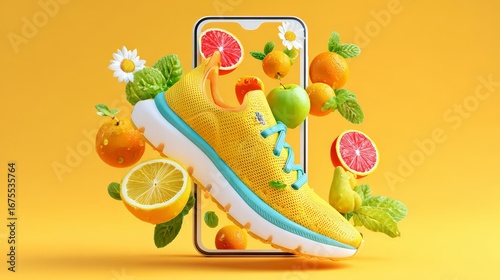 Wallpaper Mural Vibrant sneaker surrounded by colorful fruits on a bright yellow background. Torontodigital.ca
