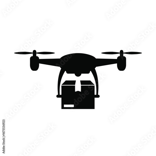 Black drone carrying package quadcopter delivery