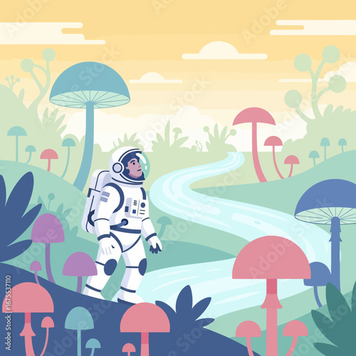 Cartoon astronaut in white spacesuit with helmet and visor, standing, looking forward.