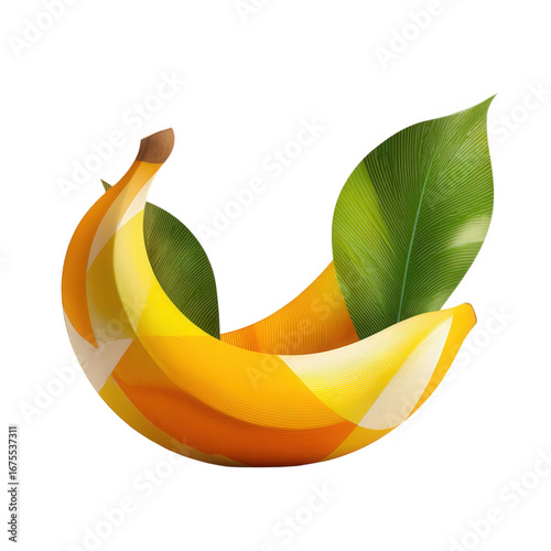 Two Yellow Bananas with Green Leaves on Transparent Background