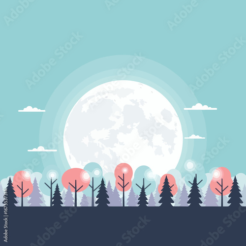 Full Moon Shining Over a Forest Silhouette, Flat Design, Vector Illustration.