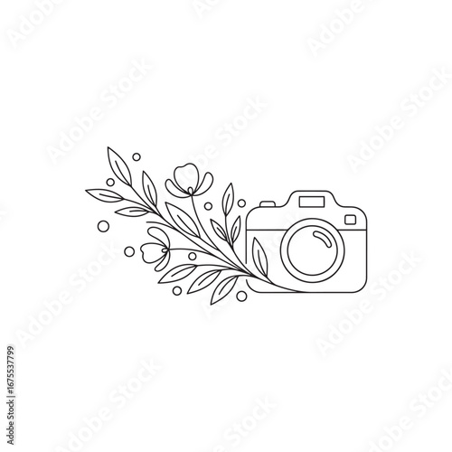 Floral camera logo. Minimalist line art illustration of a photo camera decorated with flowers and leaves. Elegant botanical icon for a photographer or wedding photography.
