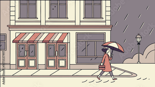 Woman walking in rain, minimalist line art style, city street scene, melancholic mood, carrying briefcase, under umbrella, storefront, rainy day.