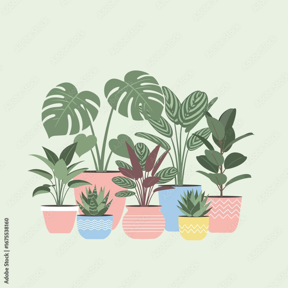 Obraz premium Vibrant collection of diverse potted houseplants, featuring Monstera, succulents, and leafy greens in colorful pots.