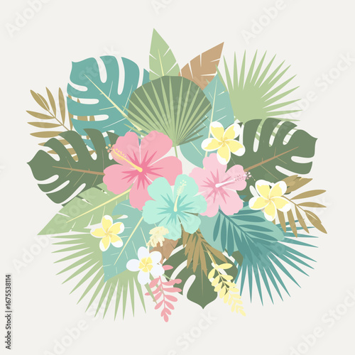 Tropical floral arrangement with hibiscus flowers and palm leaves in pastel colors.