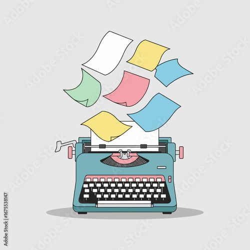 Vintage Turquoise Typewriter with Floating Colorful Papers, Illustration.