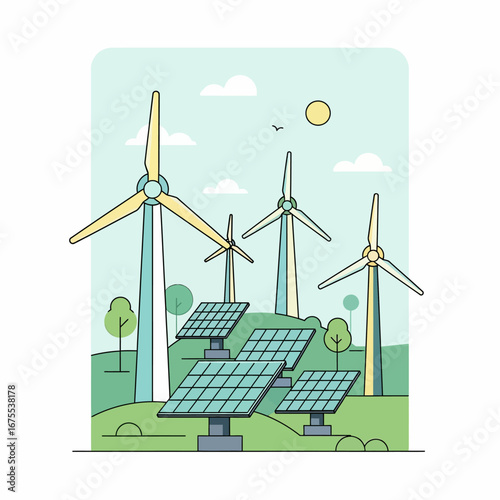 Wind Turbines and Solar Panels - Sustainable Energy Landscape with Clean Power Generation.