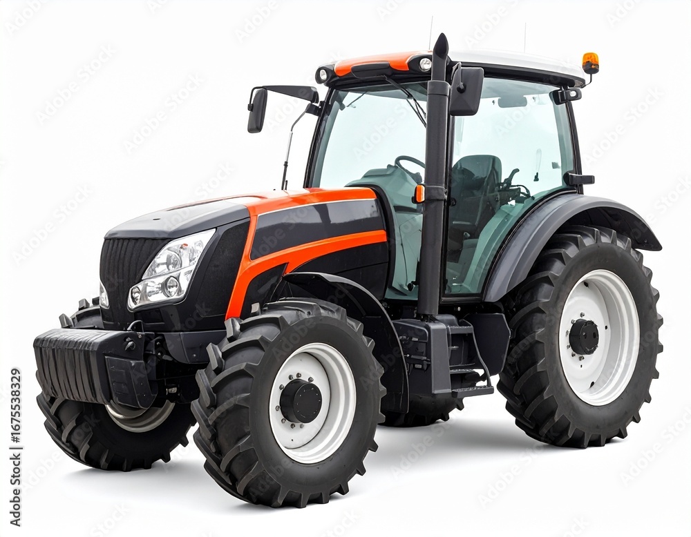 Obraz premium Modern Black and Orange Farm Tractor on white background 