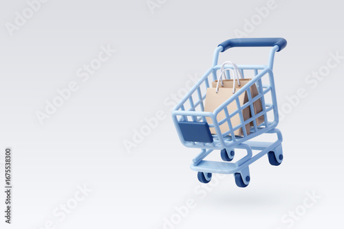 3D Vector Shopping Cart with Bags Icon for Retail and E-commerce