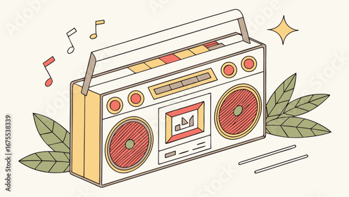 Retro Boombox Illustration:  Isometric Style,  Pastel Color Palette,  Summer Vibes,  Nostalgic Mood,  Music Theme.