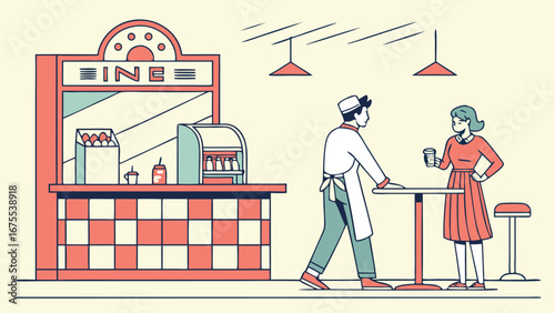 Retro Diner Scene:  Friendly Server and Customer Enjoying Drinks, Minimalist Line Art Illustration, Cheerful Mood.