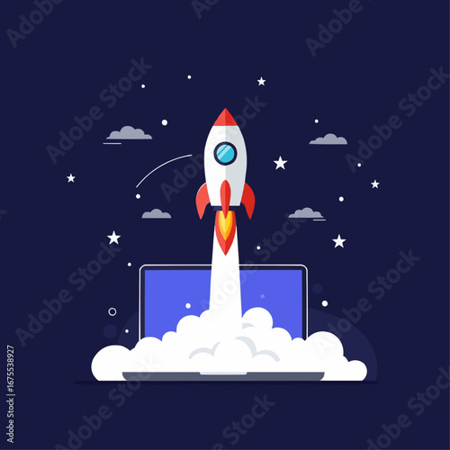 Startup launch symbolized by a minimalist rocket taking off in front of a laptop screen, flat icon style, trail of smoke, dark blue background with stars.