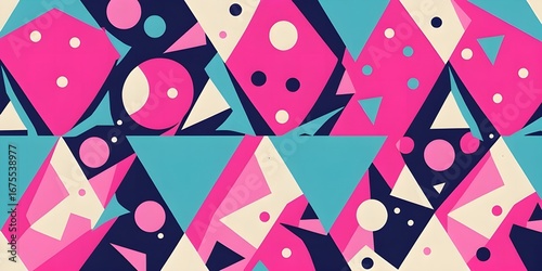 Abstract geometric pattern with pink teal and cream triangles circles and squares