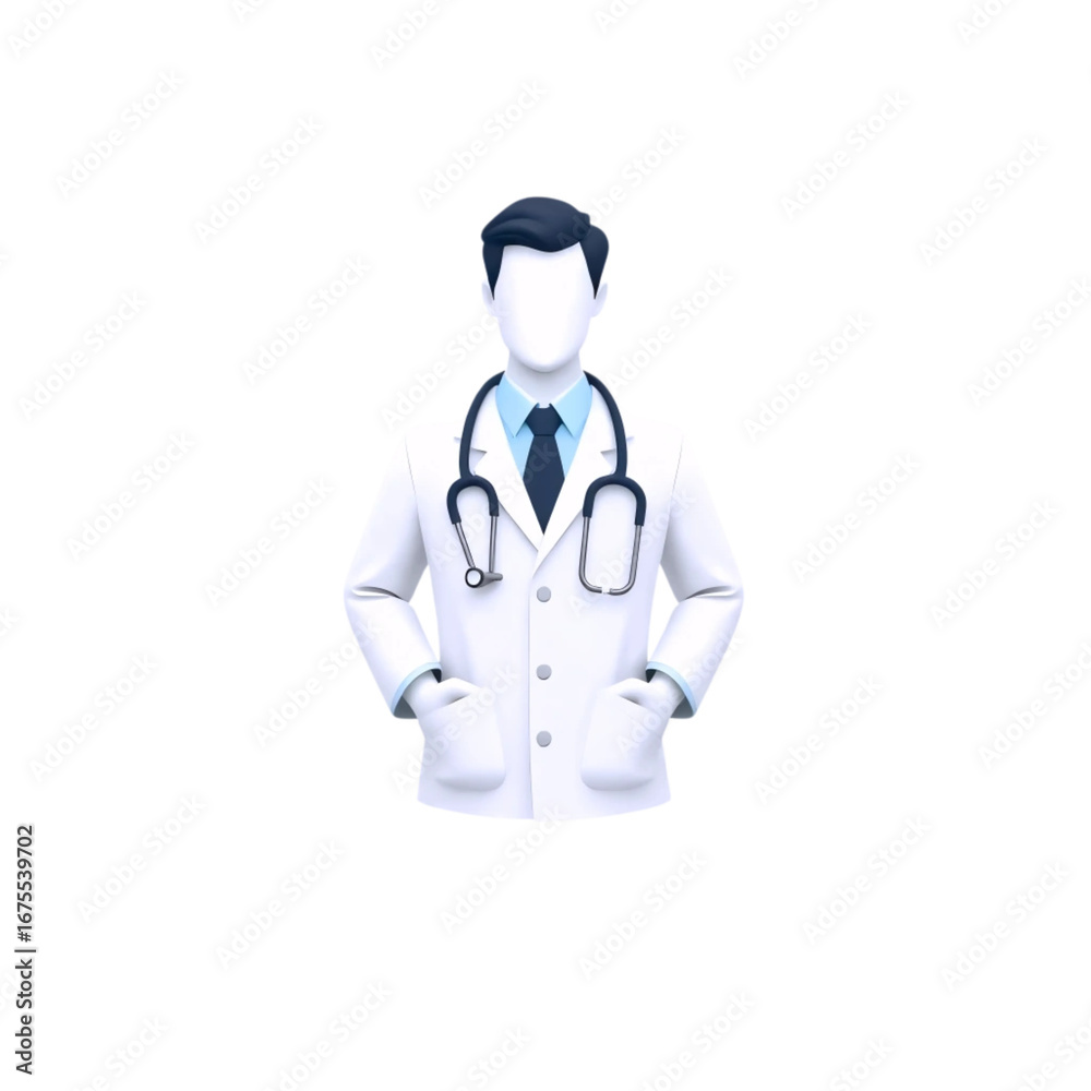 Fototapeta premium realistic male doctor character in white medical coat with stethoscope hanging around the neck