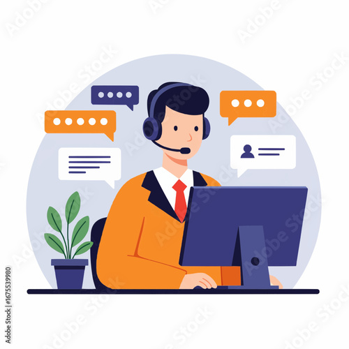 Friendly customer service agent with a wireless headset in front of computer monitor, vector art, bright and approachable color scheme.