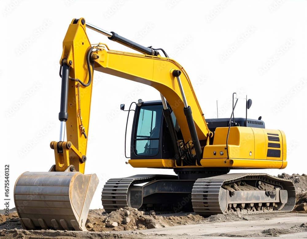 Yellow Excavator on a Pile of Dirt and Rubble on white background Yellow Excavator on a Pile of Dirt and Rubble on white background