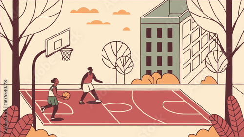 Two young men playing basketball on an outdoor court, urban setting, autumnal tones, minimalist line art style, friendly atmosphere.