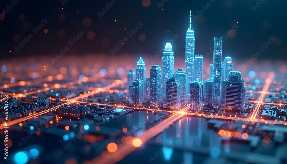 Fototapeta premium Futuristic smart city glowing at night 