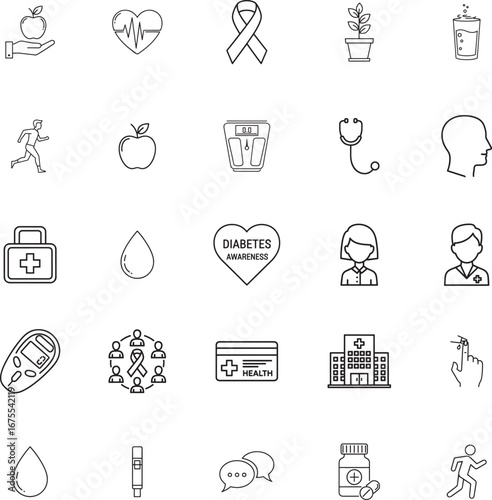 Diabetes Awareness and Medical Health Care Icon Set
