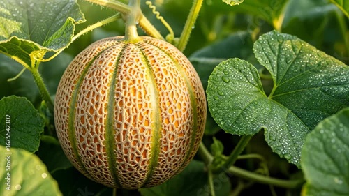 Ripe Cantaloupe Melon Growing on Vine with Dewy Leaves