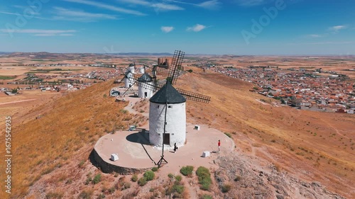 Aerial view of the historic windmills of Consuegra, Castilla-La Mancha, Spain.