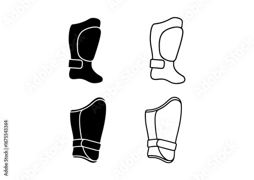 Black Vector Football Soccer Shin Guard Icon Solid Silhouette and Line Art Outline Protective Sports Equipment Symbol Simple Minimal Design