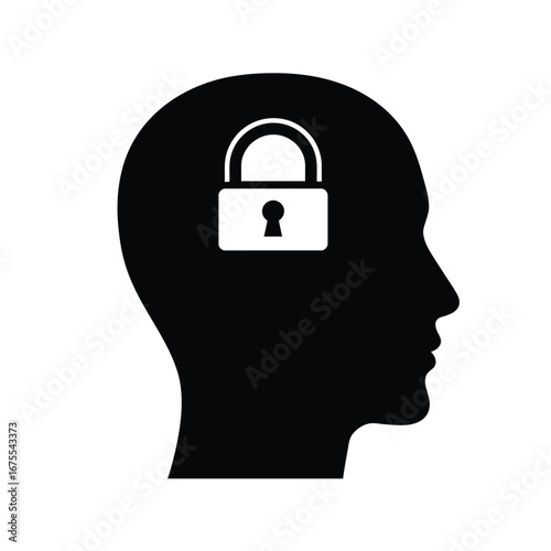 Black head silhouette with white padlock vector