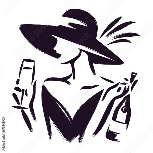 Woman in hat with champagne minimalist brush sketch vector illustration