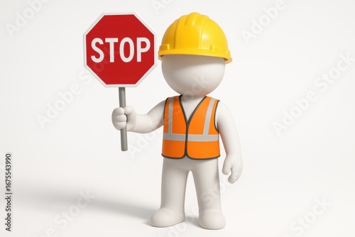 3D Rendered Figure in Yellow Hard Hat and Orange Vest Holding Stop Sign