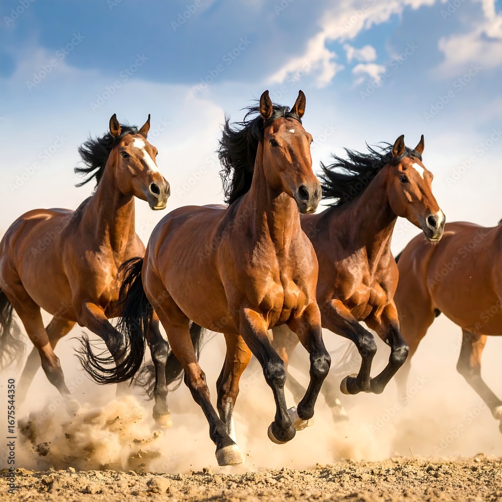 Fototapeta premium Three brown horses galloping in a field