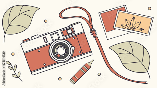 Vintage Camera, Autumn Leaves, Instant Photos, Crayon: Flat Lay, Minimalist Style, Warm Aesthetic