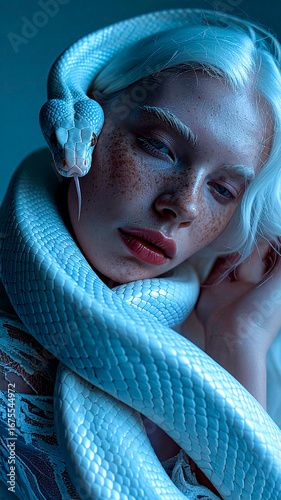 A pure white snake coils around an albino person with white hair, freckled skin, and gray eyes. The surreal portrait blends elegance, contrast, and ethereal beauty.