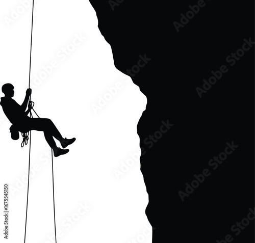 Silhouette climber rappelling down a sheer rock face extreme sport adventure vector