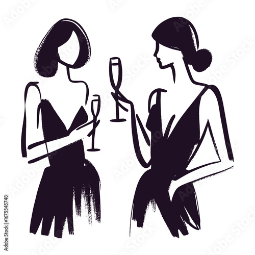 Two women with champagne fashion minimalist sketch vector illustration