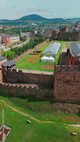 Aerial view of the historic Templar Castle in Ponferrada, Castile and Leon, Spain