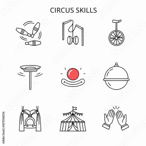 Circus Skills Icons Including Juggling and Clown Elements