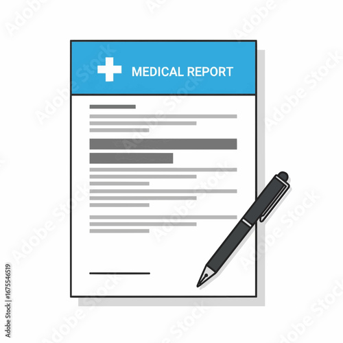 Medical Report Document with Pen on a White Background
