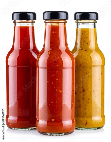 Three glass bottles filled with different colored sauces, set against a white background (1)