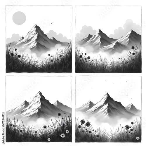 Mountain Landscape in monochrome: A tranquil monochrome landscape of majestic mountains shrouded in mist, grass and a soft sun, evoking a sense of serenity and stillness.