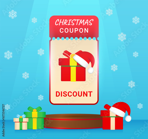 Christmas coupon with festive and podium. New Year gift voucher for discount. Holiday sale offer banner. Vector illustration