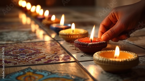  Hands lighting a row of oil lamps on the floor, warm glowing light reflecting on ceramic tiles, festive and intimate cultural detail, soft shadows in a serene atmosphere