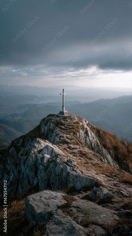 Fototapeta premium Cross atop mountain peak in mist