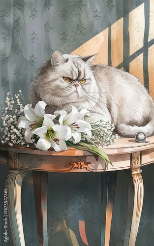 A grumpy persian cat lounges on a table with lilies and a vintage pocket watch