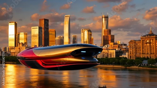 Futuristic Airship Hovering Over Cityscape at Sunset