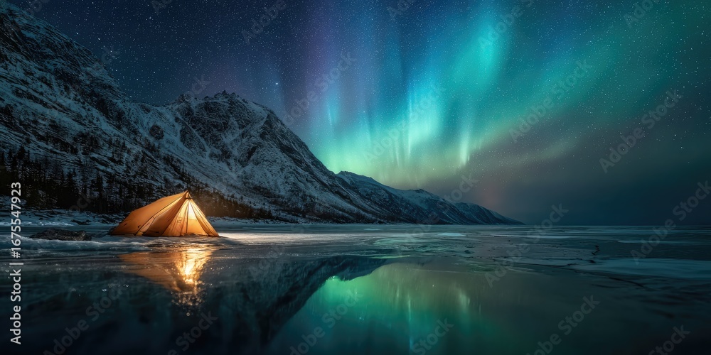 Naklejka premium A wide angle landscape of a solitary tent glowing warmly beneath a vivid green aurora in a remote snowy mountain valley, crystal clear night sky filled with stars, peaceful wilderness