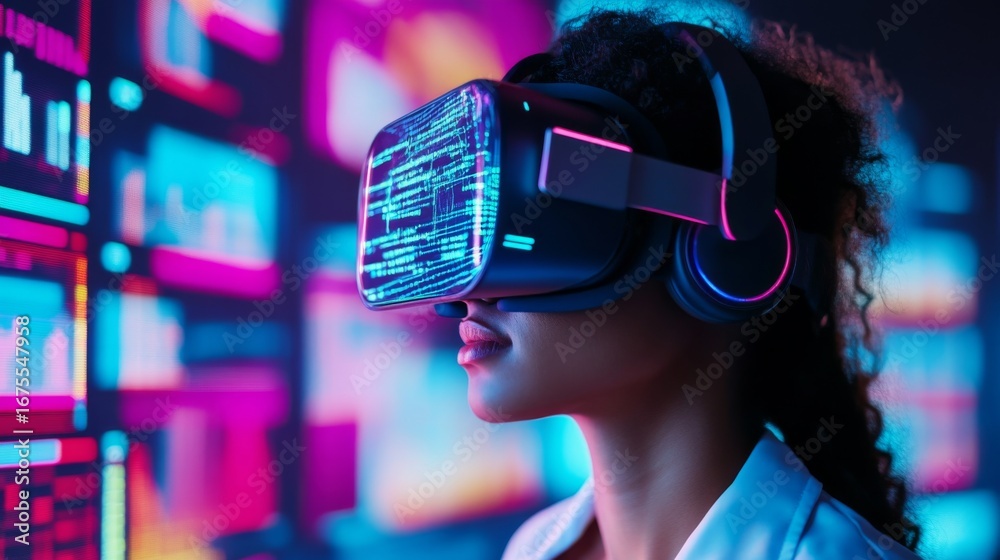 Woman in VR Headset Surrounded by Data, Virtual Reality, Metaverse Woman in VR Headset Surrounded by Data, Virtual Reality, Metaverse