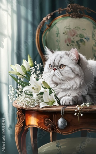 A persian cat rests on a table with white lilies and a silver locket pendant