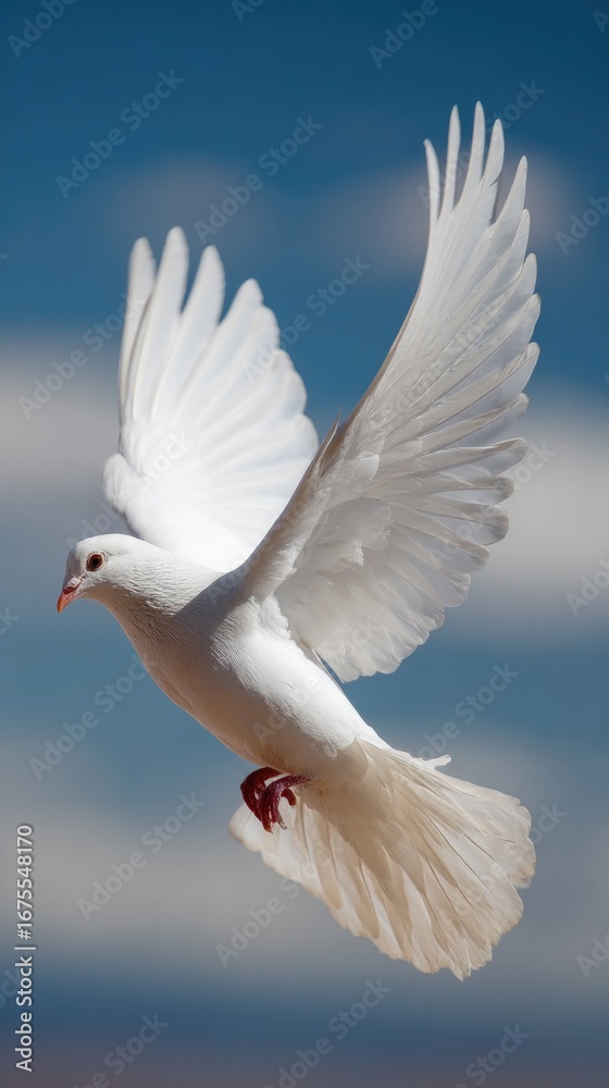 Fototapeta premium White dove in flight against a blue sky backdrop